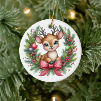 Cute Custom Deer Christmas Wreath Ceramic Tree Decoration