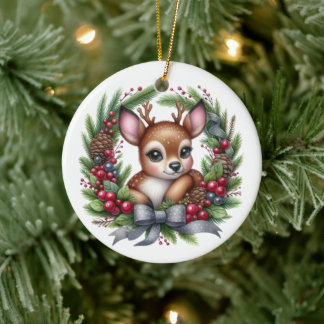 Cute Custom Deer Christmas Wreath Ceramic Tree Decoration