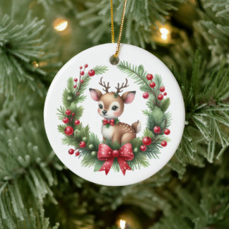 Cute Custom Deer Christmas Wreath Ceramic Tree Decoration