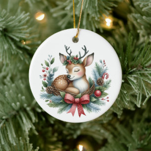 Cute Custom Deer Christmas Wreath  Ceramic Tree Decoration