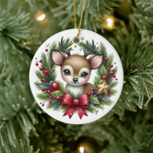 Cute Custom Deer Christmas Wreath Ceramic Tree Decoration