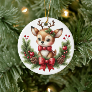 Cute Custom Deer Christmas Wreath Ceramic Tree Decoration
