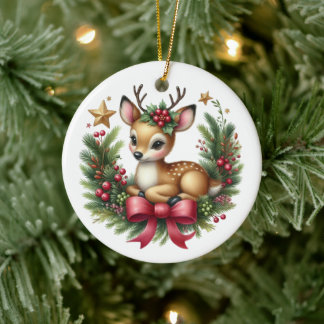 Cute Custom Deer Christmas Wreath Ceramic Tree Decoration