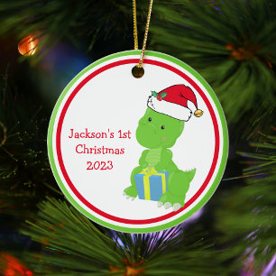 Cute Custom Dinosaur Baby's 1st Christmas Ceramic Tree Decoration