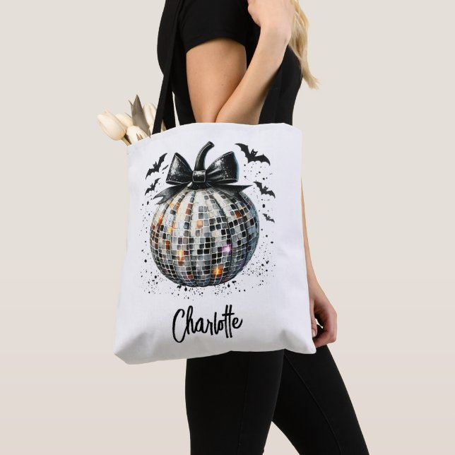 Cute Custom Disco Ball Halloween Pumpkin Tote Bag (Close Up)