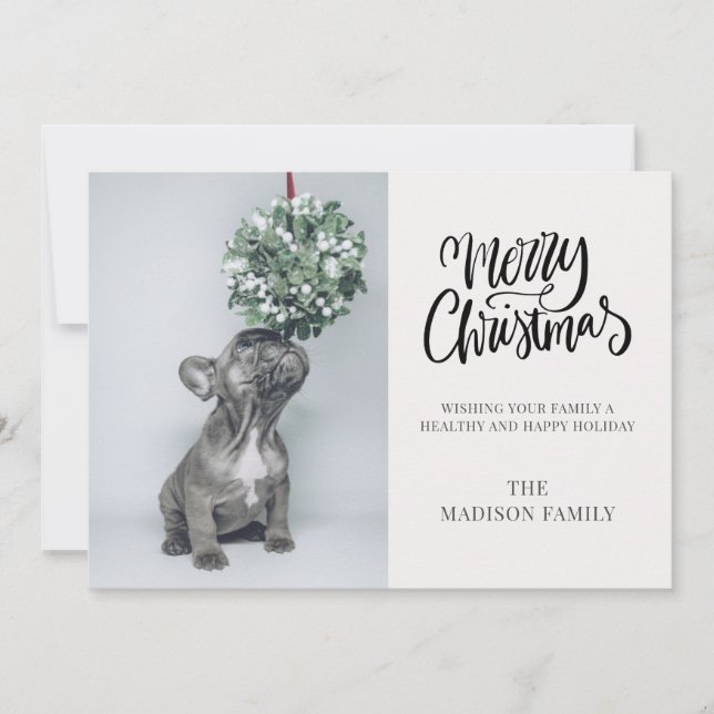 Cute Custom Dog Photo Mistletoe Merry Christmas Holiday Card (Front)