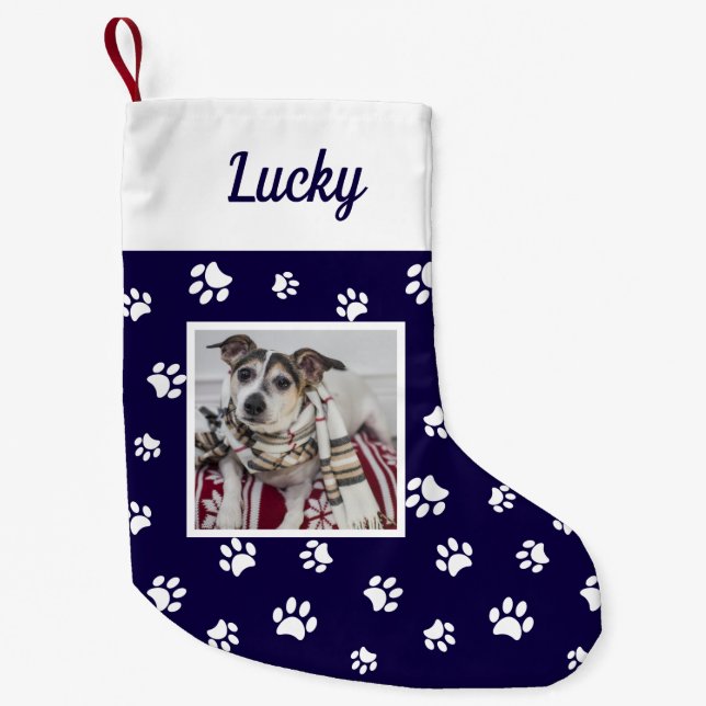 Cute Custom Dog Photo Name Blue White Paws Small Christmas Stocking (Front)