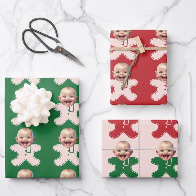 Cute Custom Face Photo Gingerbread Men Christmas Wrapping Paper Sheet (Front)
