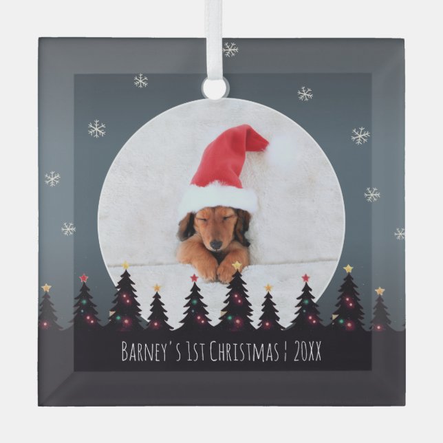 Cute Custom First Christmas Puppy Photo Template Glass Tree Decoration (Front)