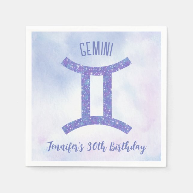 Cute Custom Gemini Sign Purple Birthday Party Napkin (Front)