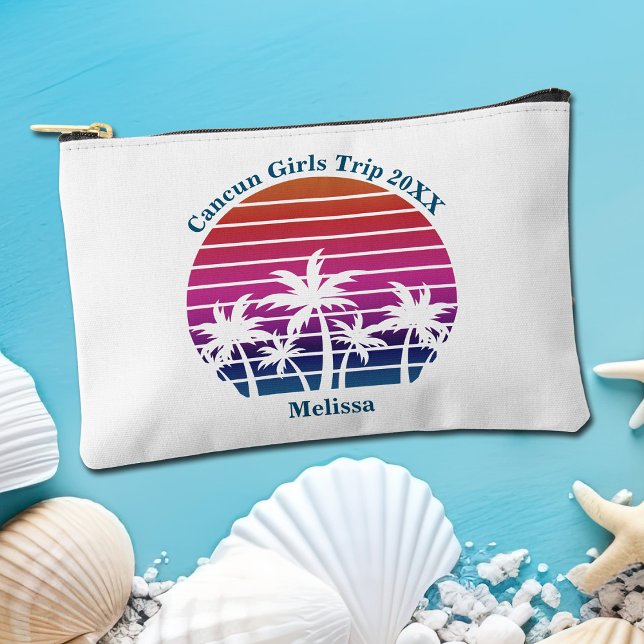 Cute Custom Girls Beach Trip Pink Palm Tree Sunset Accessory Pouch (Creator Uploaded)