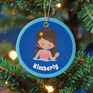 Cute Custom Girls Swim Team Christmas Ceramic Tree Decoration