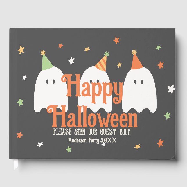 Cute Custom Green Orange Ghost Guest Book (Front)
