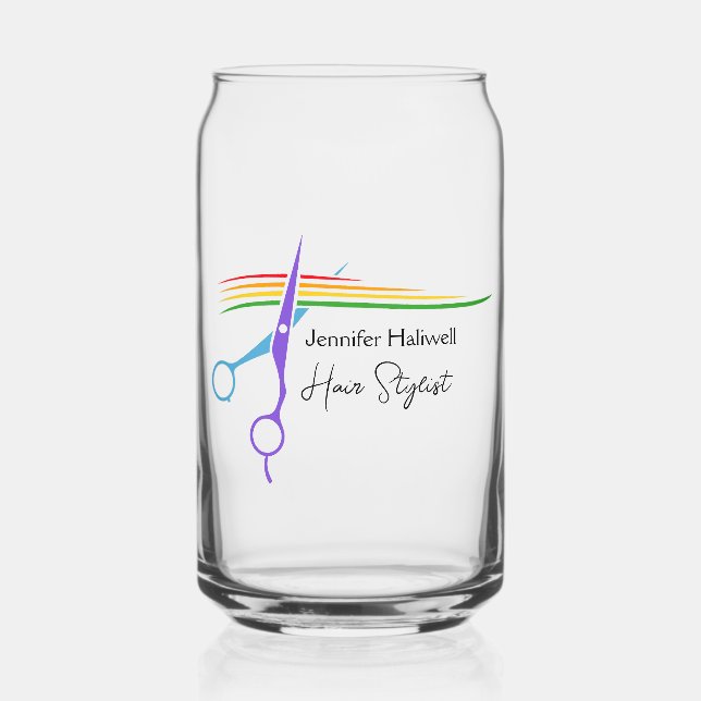 Cute Custom Hair Stylist Rainbow Scissors Salon Can Glass (Front)
