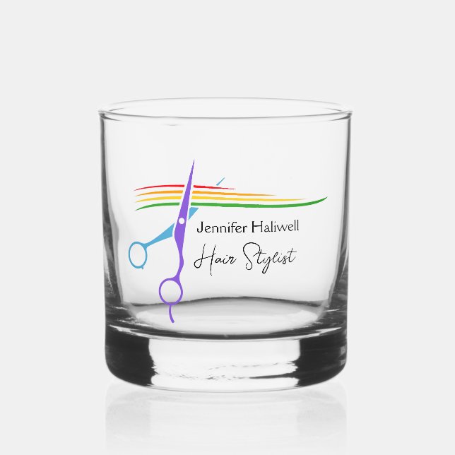 Cute Custom Hair Stylist Rainbow Scissors Salon Whiskey Glass (Front)