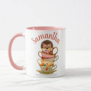 Cute Custom Hedgehog and Colourful Teacups Mug