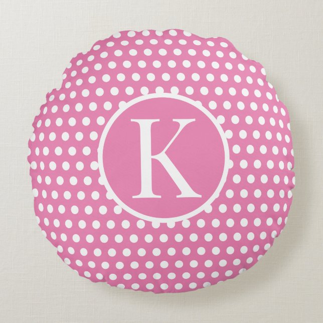 Cute Custom initial letter Polka Dot Pink Round Cushion (Front)