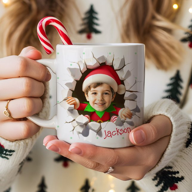 Cute Custom Kids Face Photo Funny Elf Christmas Coffee Mug (Cute and funny Custom Kids Face Photo fun Elf crashing through wall Christmas Coffee Mug Cups gift)
