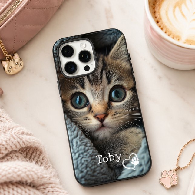 Cute Custom kitten Photo & Name with Heart Paw Case-Mate iPhone Case (Creator Uploaded)