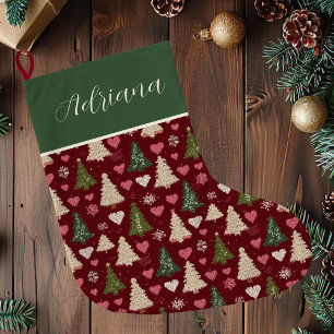 Cute Custom Knitted Style Christmas Trees Pattern Large Christmas Stocking