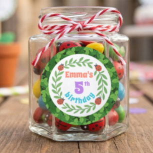 Cute Custom Ladybug & Leaf 5th Birthday Classic Round Sticker