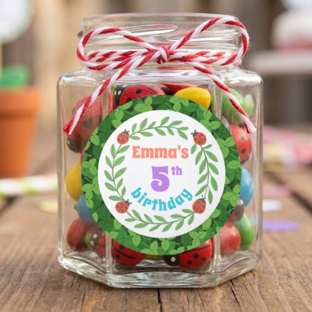 Cute Custom Ladybug & Leaf 5th Birthday Classic Round Sticker (Creator Uploaded)