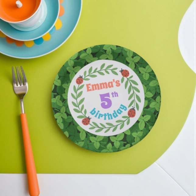 Cute Custom Ladybug & Leaf 5th Birthday Paper Plate (Creator Uploaded)