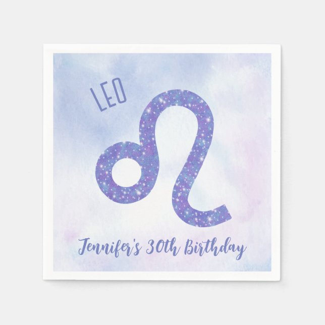 Cute Custom Leo Astrology Purple Birthday Party Napkin (Front)