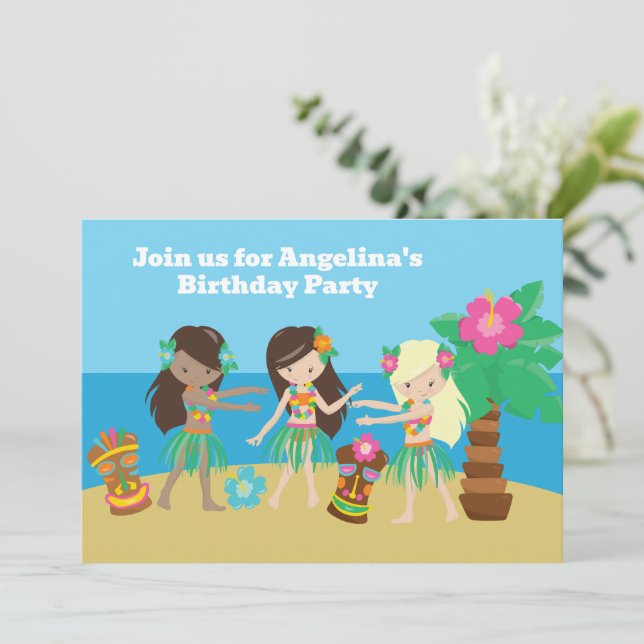 Cute Custom Luau Beach Hula Girls Birthday Party Invitation (Standing Front)