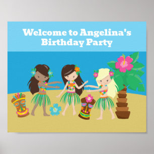 Cute Custom Luau Beach Hula Girls Birthday Party Poster