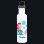 Cute Custom Mermaid Girl 710 Ml Water Bottle<br><div class="desc">A cute personalised beach girl gift with a pretty pink haired mermaid with a teal tail holding a beautiful harp next to blue bubbles. Customise with your little girl's name for a nice kids gift.</div>