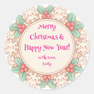 Cute Custom Merry Christmas & Happy New Year Holly Classic Round Sticker