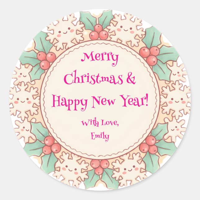 Cute Custom Merry Christmas & Happy New Year Holly Classic Round Sticker (Front)