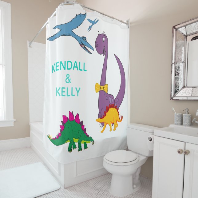 Cute Custom Modern Kids Dinosaur Shower Curtain (In Situ)