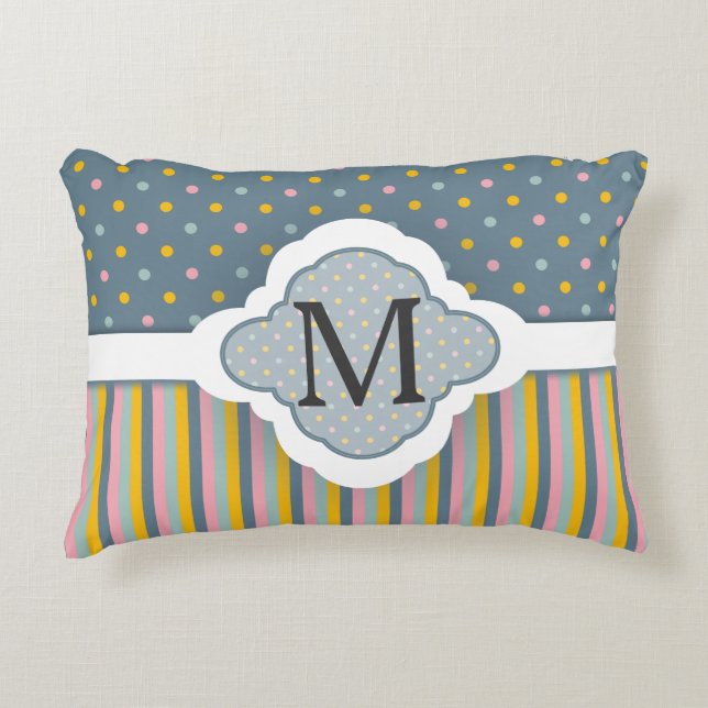 Cute Custom Monogram Polka Dot Stripes Pattern Decorative Cushion (Front)