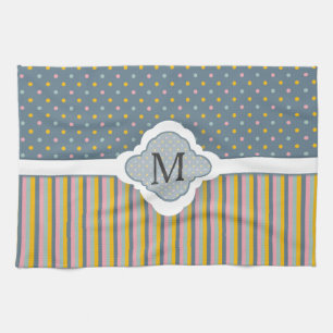 Cute Custom Monogram Polka Dot Stripes Pattern Tea Towel
