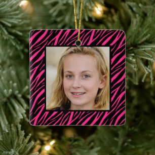 Cute Custom Name And Photo Pink Zebra Christmas Ceramic Ornament