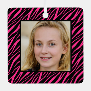 Cute Custom Name And Photo Pink Zebra Christmas Metal Tree Decoration