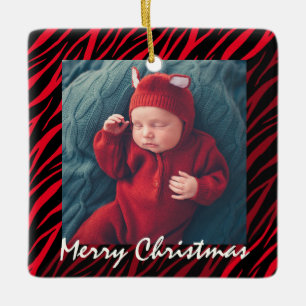 Cute Custom Name And Photo Red Zebra Christmas Ceramic Ornament
