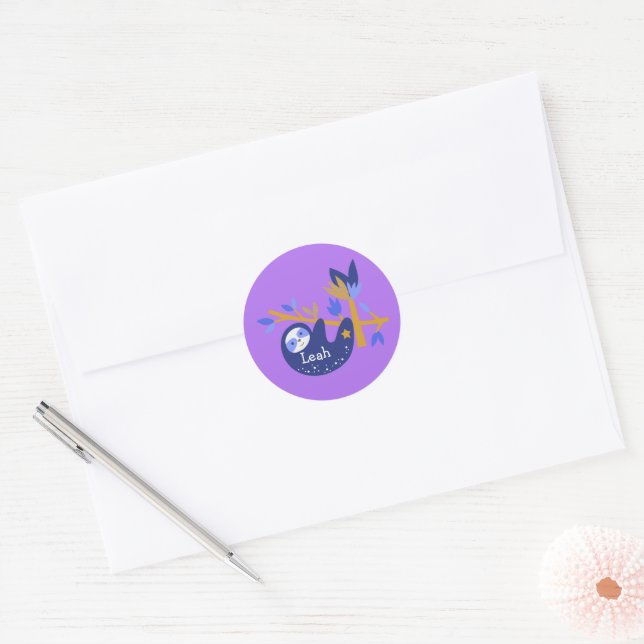 Cute Custom Name Blue Koala Bear Violet background Classic Round Sticker (Envelope)