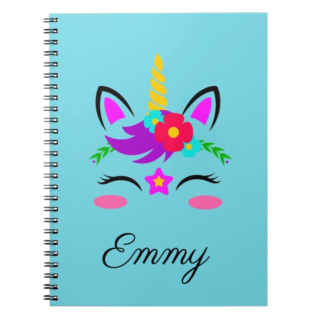 Cute Custom Name & Colour Little Blushing Unicorn Notebook (Front)