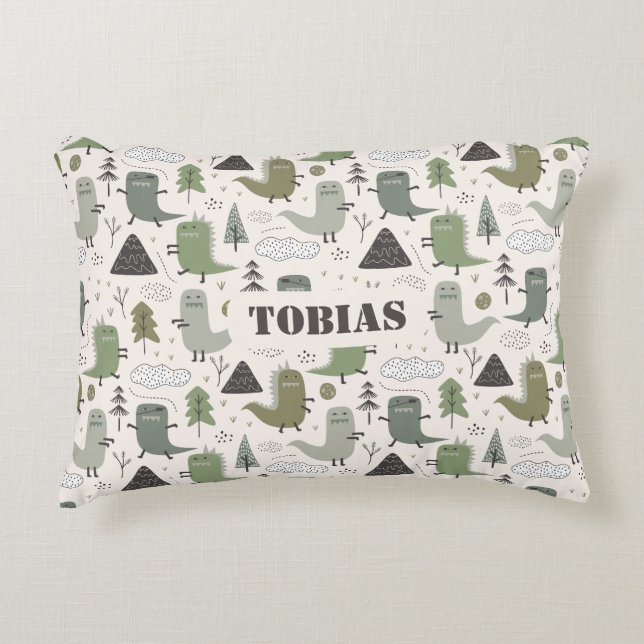 Cute Custom Name Dinosaur Khaki Green  Decorative Cushion (Front)
