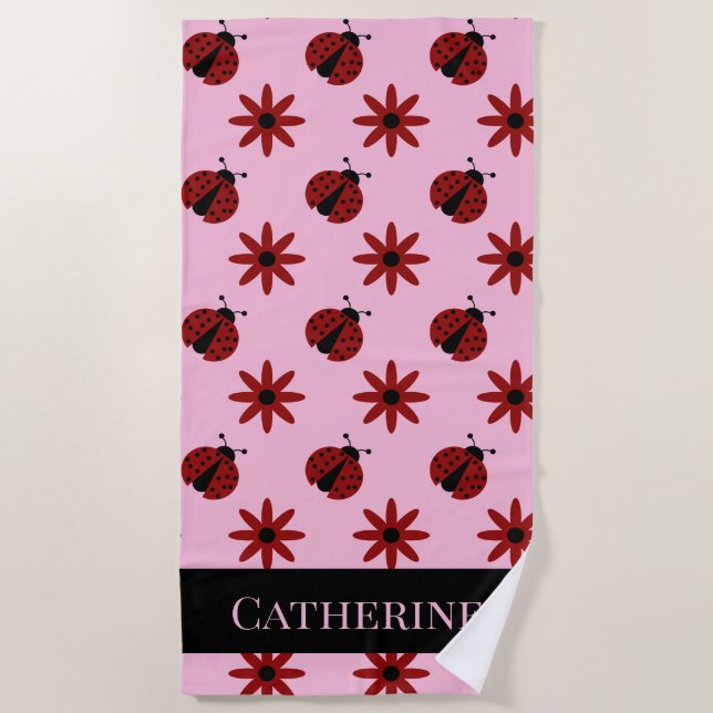 cute custom name ladybugs flowers personalised beach towel (Front)