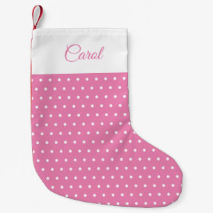 Cute Custom Name Pink and White Polka Dot Small Christmas Stocking