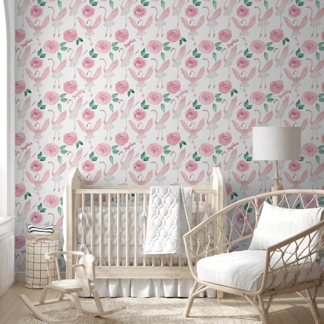 Cute Custom Name Pink Flamingo Ballerina Floral Wallpaper (Kids)