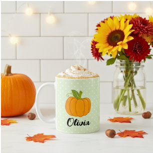 Cute Custom Name Polka Dot and Pumpkin Coffee Mug