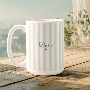 Cute Custom Name Sage Green Stripes Girly Coffee Mug