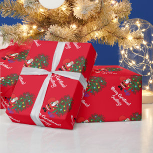 Cute Custom Name Santa Claus Christmas Tree Red Wrapping Paper