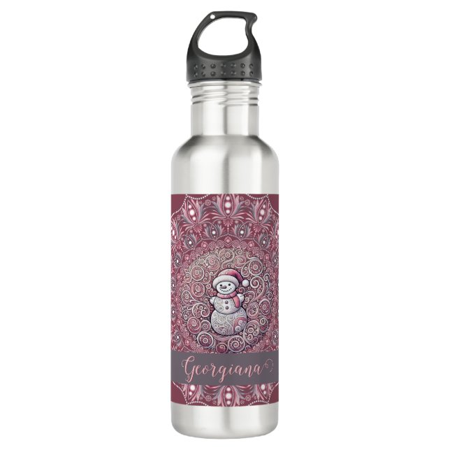 Cute Custom Name Whimsical Pink Snowman Mandala 710 Ml Water Bottle (Front)