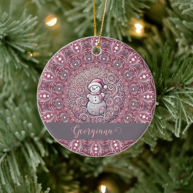 Cute Custom Name Whimsical Pink Snowman Mandala Ceramic Tree Decoration (Tree)